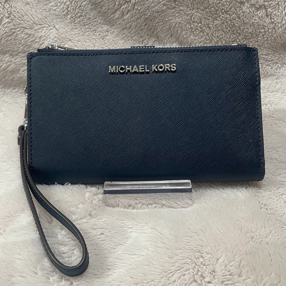 MICHAEL Michael Kors Handbags - Michael Kors Jet Set Travel Large Double Zip Phone Wallet Wristlet Navy Leather
